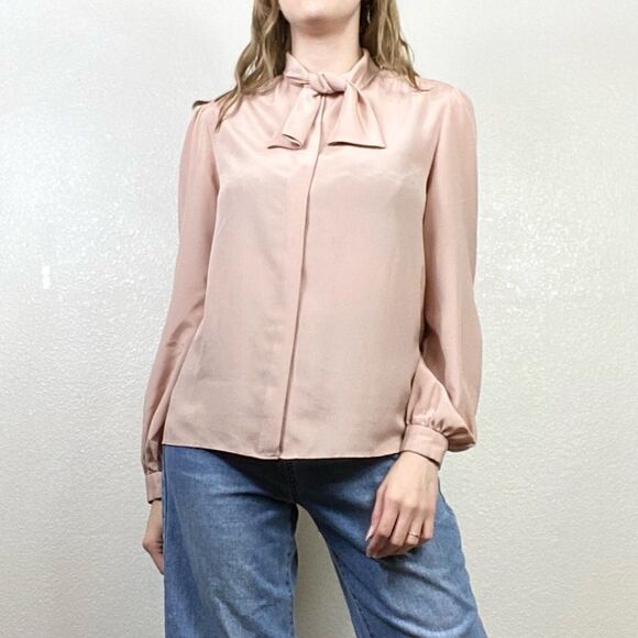 Vintage Blush Satin Ascot Neckline Cuff Sleeve Blouse - Picture 1 of 5